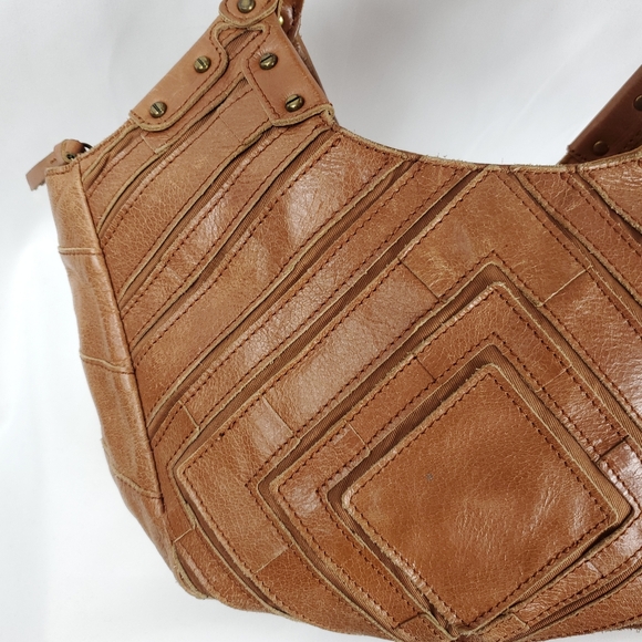 The Sak Leather Patterned Shoulder Bag Brown Leather Zipper Top - Picture 3 of 15